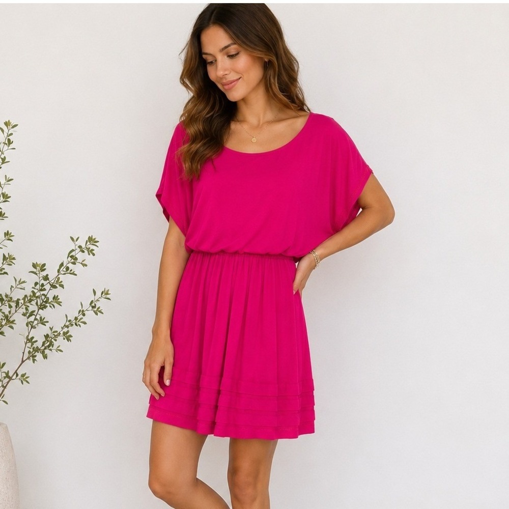 Lush Magenta Pink Ruffle Hem Elastic Waist Mini Dress Nordstroms M Dolman Sleeve